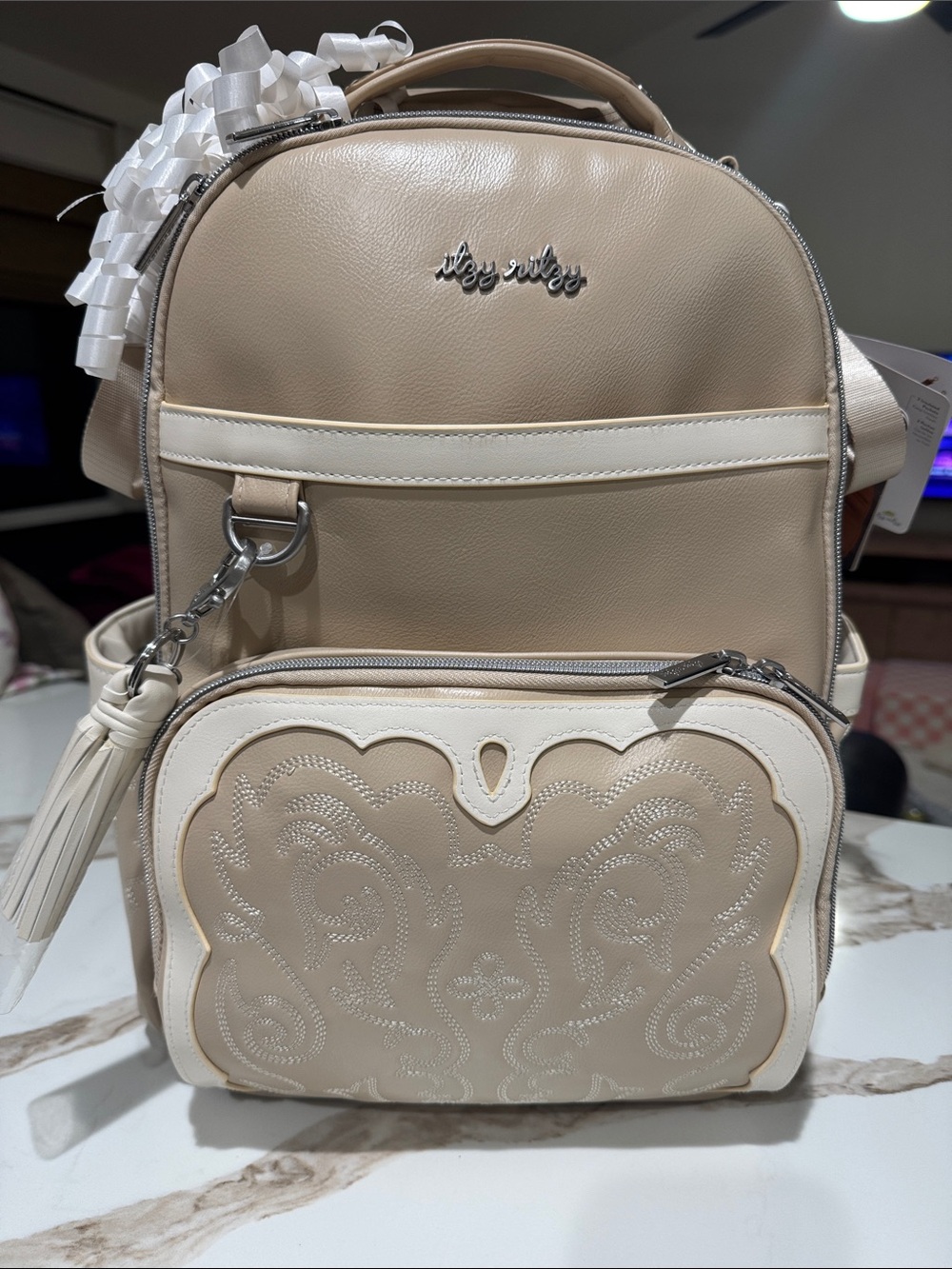 Itzy Ritzy Beige & Cream Decorative Faux-Leather Backpack
